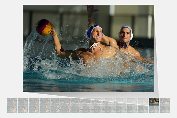 Example image showing a man about to shoot the ball in a water polo game, with one of several continuously shot stills at 30 fps highlighted as the best shot