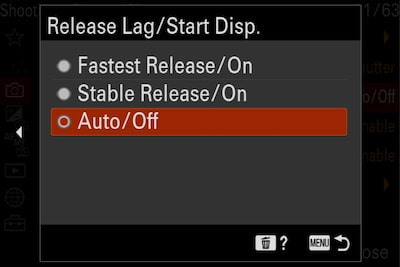 Product image showing “Release Lag/Start Disp.” camera menu with “Auto/Off” selected