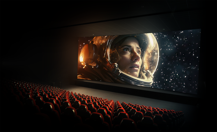 View of cinema with rows of red seats and cinema screen with astronaut in space