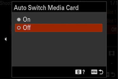 Product image showing "Auto Switch Media Card" camera menu with "Off" selected