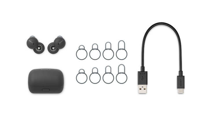 Image of the LinkBuds case in grey with LinkBuds, 5 sizes of arc support and a USB-C charging cable