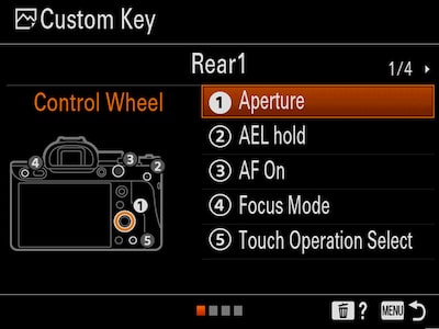 Custom Key setup menu for the Control Wheel, with the cursor on "1 Aperture"